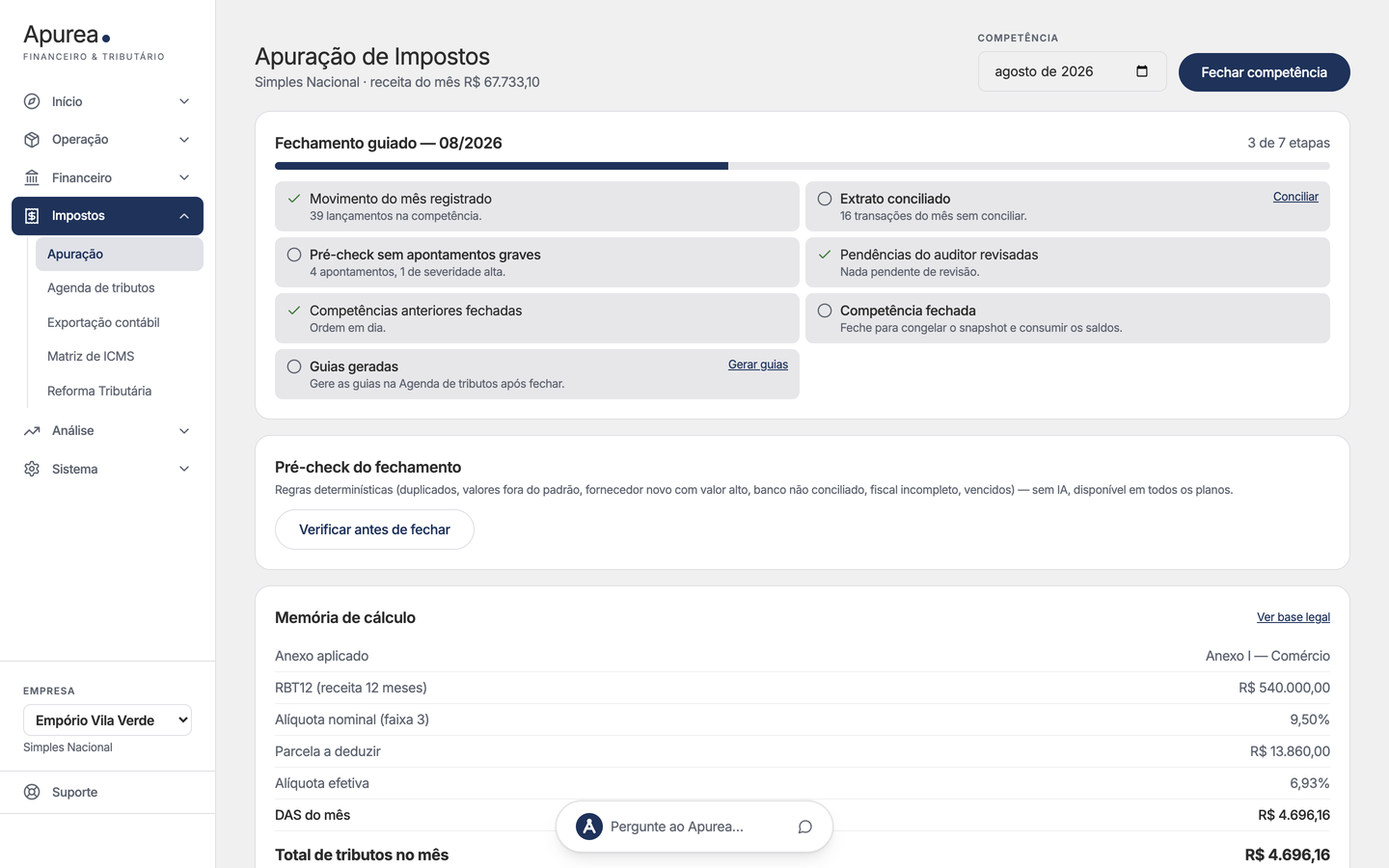 Tela de Apuração de Impostos do Apurea: fechamento guiado da competência e memória de cálculo do Simples Nacional